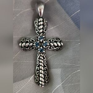 Sterling Silver Cross Pendant w/Light Blue Center Stone, 2 1/4"